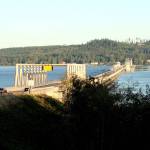 Traffic crosses the Hood Canal Bridge along state Highway 104. (Brian McLean/Peninsula Daily News file)