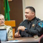 Lower Elwha Klallam Tribal Chief of Police Sam White discusses a cross-deputization agreement during a meeting of the Clallam County commissioners Tuesday. (Jesse Major/Peninsula Daily News)