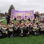 The Sequim Wolf Pack junior varsity squad won the North Olympic Youth Football League B-Squad Championship with a 13-12 triumph against the Port Angeles Future Riders in Forks on Nov. 9. Sequim quarterback Kaden Miller threw two touchdown passes, both to Nolan Bacchus. Miller also ran in an extra-point-after-touchdown to give Sequim the win. (Submitted photo)