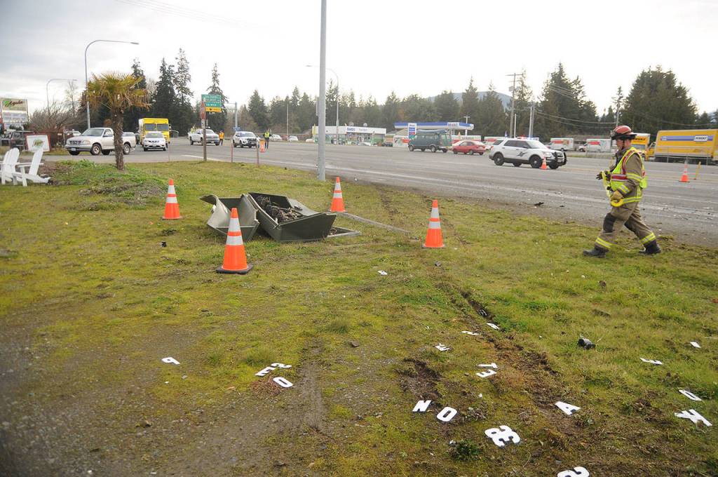A two-vehicle collision on U.S. Highway 101 near Gilbert Road on Tuesday sent three people to area hospitals. (Michael Dashiell/Olympic Peninsula News Group)