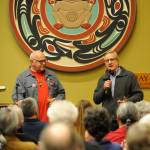 State Rep. Steve Tharinger, right, speaks at the Jamestown SKlallam Tribes MAT clinic design reveal in Sequim, with tribal chairman W. Ron Allen looking on. Michael Dashiell/Olympic Peninsula News Group
