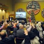 Jamestown SKlallam Tribe leaders and advocates of the tribes proposed medicine-assisted treatment facility have a non-alcoholic toast at a reveal of the clinic design. Michael Dashiell/Olympic Peninsula News Group