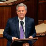 House Minority Leader Kevin McCarthy of Calif., speaks as the House of Representatives debates the articles of impeachment against President Donald Trump. (House Television via AP)