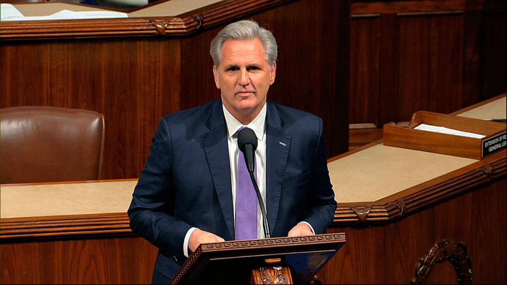 House Minority Leader Kevin McCarthy of Calif., speaks as the House of Representatives debates the articles of impeachment against President Donald Trump. (House Television via AP)