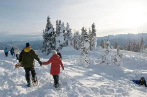 Families can join a ranger-guided snowshoe walk at Hurricane Ridge. Walks are offered at 2 p.m. weekends and holiday Mondays. The walk lasts 1.5 hours and covers less than a mile. Snowshoes and instructions are provided. (Michael Dashiell/Olympic Peninsula News Group)