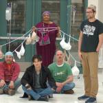 The cast of Stages gather during a rehearsal at Sequim Middle School. From left are Jenny Schaper, Jeff Ryser, Ryan Chen, Phyllis Bernard, Dave McInnes, Max Bidasha and Marilyn Kaler. (Conor Dowley/Olympic Peninsula News Group)