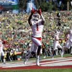 Wisconsin wide receiver Aron Cruickshank celebrates after scoring against Oregon during first half of the Rose Bowl NCAA college football game Wednesday, Jan. 1, 2020, in Pasadena, Calif. (AP Photo/Marcio Jose Sanchez)