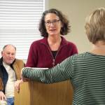 Pam Petranek takes the oath of office Thursday as she becomes the first female commissioner in the 95-year history of the Port of Port Townsend. (Brian McLean/Peninsula Daily News)