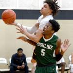Peninsulas Jaylin Reed goes up for a shot against Highline on Saturday. Reed scored 18 points to lead the Pirates in a 75-61 win. (Peninsula College)