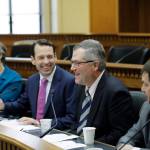 From left, House Speaker Designate Laurie Jinkins, D-Tacoma, Senate Majority Leader Andy Billig, D-Spokane, House Minority Leader J.T. Wilcox, R-Yelm, and Senate Minority Leader Mark Schoesler, R-Ritzville, take part in the AP Legislative Preview, Thursday, Jan. 9, 2020, at the Capitol in Olympia, Wash. (AP Photo/Ted S. Warren)