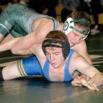 Port Angeles Josh Boe, top, grapples with Bremertons Colby Furness in the 145-lb. class Wednesday, Jan. 29, 2020, at Port Angeles High School. Boe went on to win by pinning his opponent. (Keith Thorpe/Peninsula Daily News)