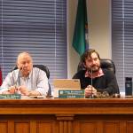 Jefferson County commission chair Greg Brotherton sits next to district 2 commissioner David Sullivan at their meeting Monday as they listen to a report on the Critical Area Ordinance recommendations from the county planning commission. Patty Charnas, Jefferson County community development director, and Mike Nilssen, planning commission chair, presented a brief overview during the meeting. (Zach Jablonski/Peninsula Daily News)