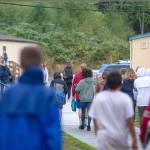 Students at Stevens Middle School in Port Angeles walk to and from classes in portables in this September 2019 file photo. The Port Angeles School District is conducting a free public tour of Stevens Middle School tonight. (Jesse Major/Peninsula Daily News file)