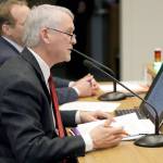 Paul Roberts, a member of the Everett City Council and vice chairman of the Sound Transit Board of Directors, speaks Tuesday during a hearing before the state Senate Transportation Committee at the Capitol in Olympia. (Ted S. Warren/The Associated Press)