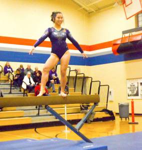 Sequims Lesae Pfeffer competes at subdistricts this weekend. She will move on to district in the beam and floor exercise.