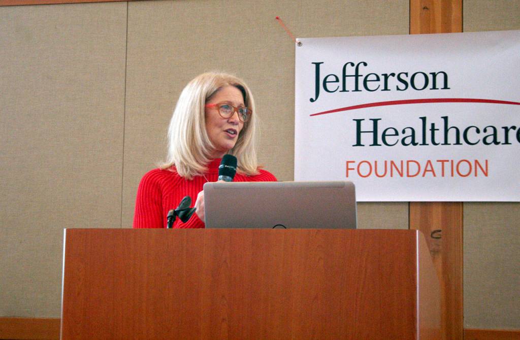 Nurse practitioner Heide Chaney, who works in cardiology at Jefferson Healthcare in Port Townsend, speaks about risk factors for heart disease Friday during the Well Hearts luncheon at the Northwest Maritime Center. (Brian McLean/Peninsula Daily News)