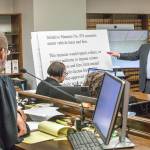 Attorney David Hackett, speaks to Judge Marshall Ferguson in King County Court Friday, Feb. 7, 2020, in Seattle, during the car-tab initiative 976 hearing which the city and others are suing to stop. (Steve Ringman/The Seattle Times via AP)