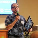 Len Borchers, chief executive officer of Olympic Peninsula YMCA, speaks at the United Way of Clallam County Campaign Celebration at The Cedars at Dungeness in May 2019. Borchers has stepped down from the YMCA CEO position. (Michael Dashiell/Olympic Peninsula News Group)