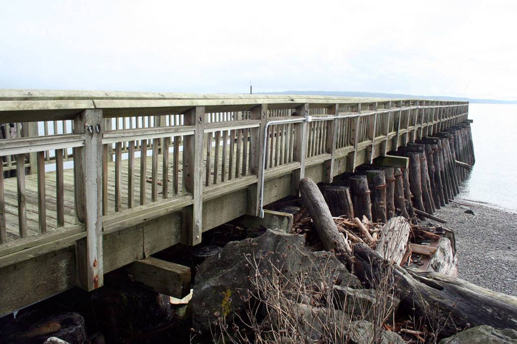 In a preferred alternative presented Wednesday during a Port of Port Townsend workshop, a new timber walkway would replace the one that currently sits on top of the south breakwater. (Brian McLean/Peninsula Daily News)