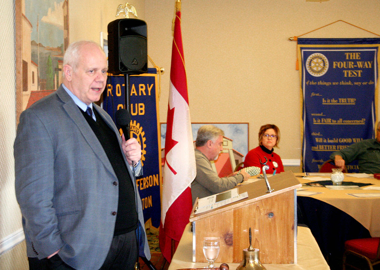 State Treasurer Duane Davidson speaks Thursday, Feb. 13, 2020, before the East Jefferson County Rotary Club at the Old Alcohol Plant in Port Hadlock. (Brian McLean/Peninsula Daily News)