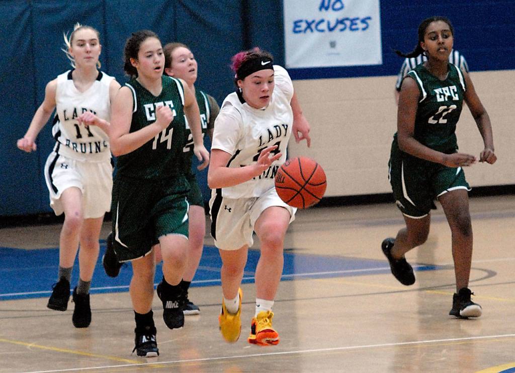 Keith Thorpe/Peninsula Daily News Clallam Bays Patience Swan, center, leads a charge down court ahead of, from left, Clallam Bays Jada Clemmons and Cedar Park Christians Emma Seim, Margaret Noguera and Soliana Yosief at Crescent High School in Joyce on Saturday.