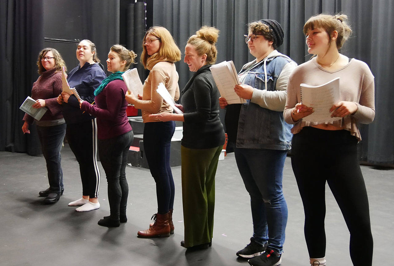 The musical Quilters continues this weekend in Sequim. Here, the diverse cast rehearses. (Submitted photo)