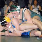 Adam Borde of Port Angeles, top, wrestles with Jacoby Serato of Bremerton in January. Borde went on to finish fifth at state at 132 pounds. (Keith Thorpe/Peninsula Daily News)