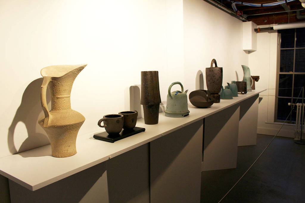 Anne Hirondelles older pieces are on display in the basement of the Jefferson Museum of Art & History near the old jail. All the pieces are glazed stoneware and were made from multiple separate pieces combined into one. (Zach Jablonski/Peninsula Daily News)