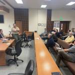 Clallam County Public Health Officer Dr. Allison Berry Unthank, left, and Clallam County Undersheriff Ron Cameron provide an update on the COVID-19 outbreak Monday, March 9, 2020, at the Clallam County Courthouse. There were no confirmed cases in Clallam County as of Monday, Unthank said. (Rob Ollikainen/Peninsula Daily News)