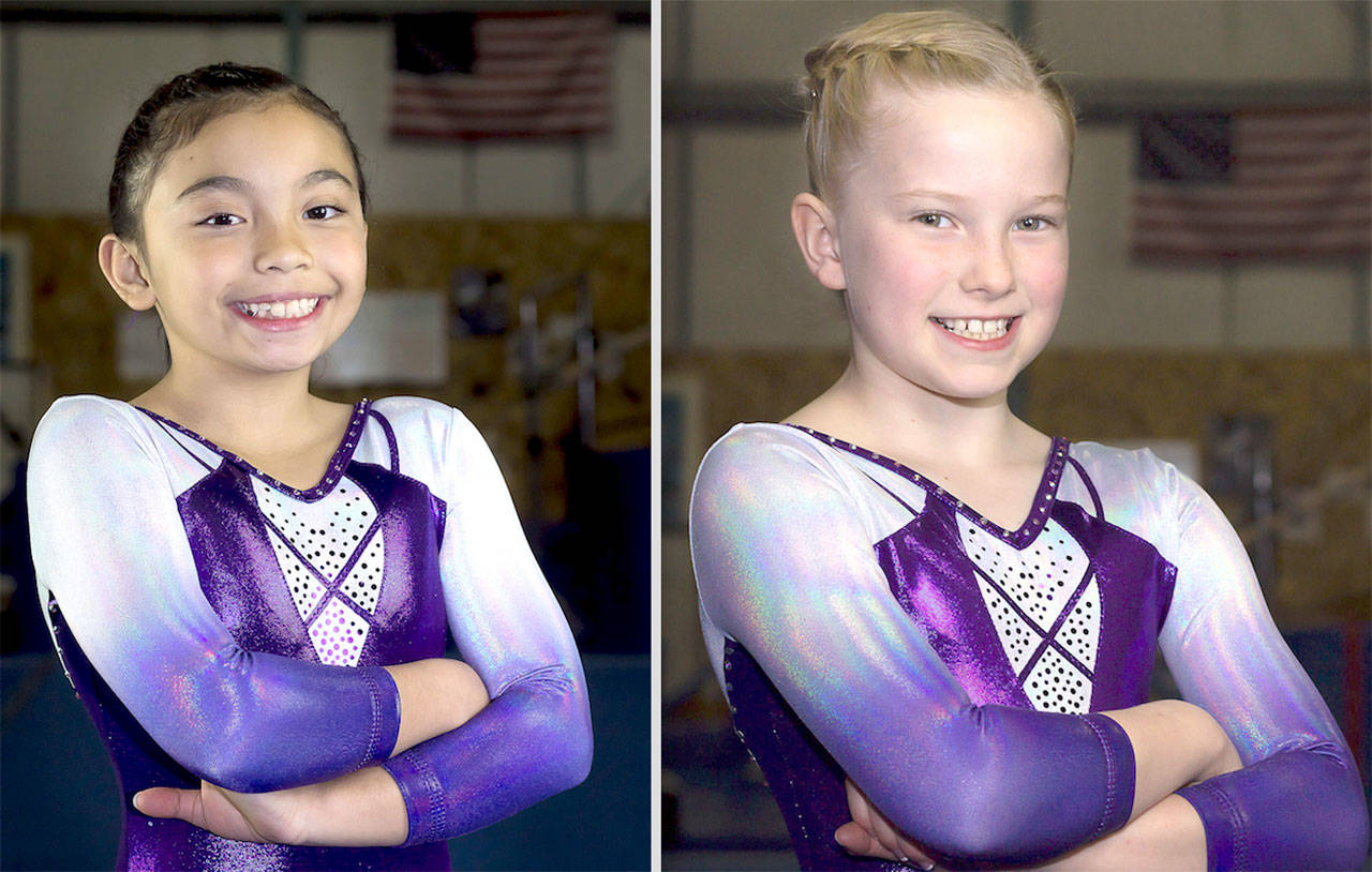 Klahhane Gymnastics Kira Hartman, left, finished second in the all-around in the Silver Division Jr. A age group at the Skookum Challenge in Shelton this weekend. Teammate Mariah Traband finished first.