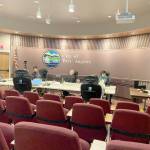The Port Angeles City Council discusses the COVID-19 outbreak. Pictured from left are Lindsey Schromen-Wawrin, Brenden Meyer, Charlie McCaughan, Navarra Carr and Mayor Kate Dexter. Not pictured are Mike French and LaTrisha Suggs. (Rob Ollikainen/Peninsula Daily News)