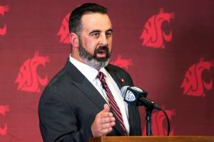 Washington State head football coach Nick Rolovich speaks during a news conference after being officially introduced in Pullman on Jan. 16.                                Pete Caster/Lewiston Tribune via AP Washington State head football coach Nick Rolovich speaks during a news conference after being officially introduced in Pullman on Jan. 16.