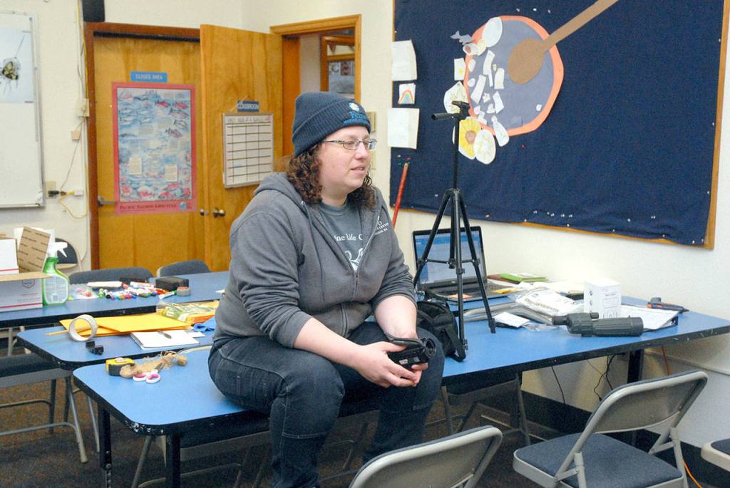 Feiro Marine Life Center Facilities Director Tamara Galvin takes a break from creating online videos of the centers programs. (Keith Thorpe/Peninsula Daily News)