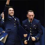 Sequim High graduate Miguel Moroles, right, and fellow U.S. Coast Guard Academy students celebrate their academy flight school nomination. (Submitted photo)