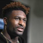 In this Jan. 5, 2020, file photo, Seattle Seahawks D.K. Metcalf speaks during a news conference after an NFL wild-card playoff football game in Philadelphia. Metcalf says the best advice he received as a rookie was to sit and observe. Metcalf shared some of his experiences from last year with 547 rookies on the NFLs rookie webinar held virtually after the draft. (AP Photo/Matt Rourke, File)