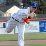 Lefties pitcher Jack Schlotman throws during an August 2019 game against Portland at Civic Field in Port Angeles. (Keith Thorpe/Peninsula Daily News file)