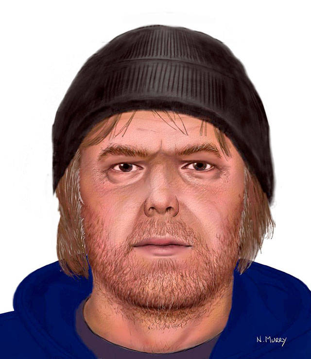 Port Angeles police have released these sketches of a man whose body was found in the Peabody Creek ravine near the Clallam County Courthouse in January. (Port Angeles Police Department)