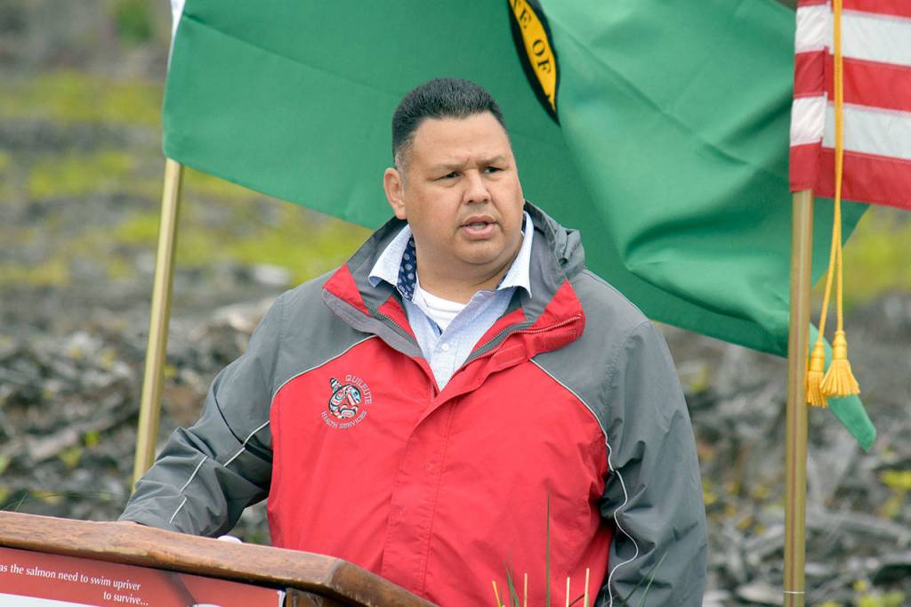 Quileute Tribal Chairman Doug Woodruff speaks during a blessing and groundbreaking ceremony for the new school on higher ground last Thursday. Construction began Monday and is scheduled to be completed in May 2022. (Photo courtesy of the Quileute Tribe)