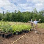 Eugenia Frank and Viola Frank help restore the native plant nursery at the Tarboo Wildlife Preserve during a mini-work party. Not pictured are YES! participants Ben Tyler and Ava Vaughn. (Judith Rubin/Northwest Watershed Institute)
