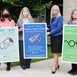 Teaming up to create an award-winning employee awareness poster series are, from left: marketing and communications director Bobby Beeman; marketing and communications coordinator Donna Pacheco; Jennifer Burkhardt, OMC chief human resources officer and general counsel, and HR director Heather Delplain. Not pictured is HR business partner Michelle Groves. (Photo courtesy of Olympic Medical Center)