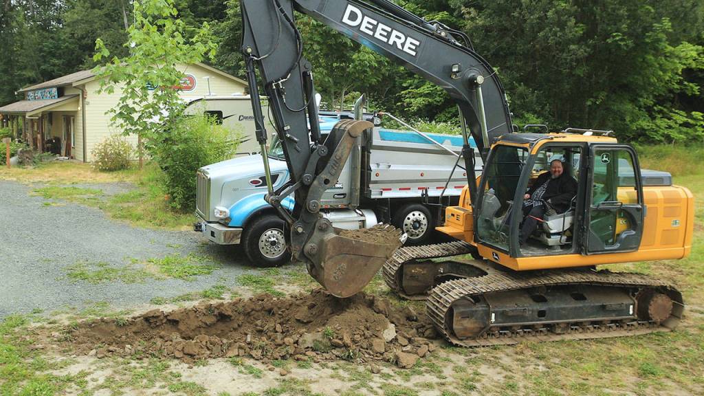 Kirk Nelson, construction manager for the Jamestown SKlallam Tribe, breaks ground for a virtual meeting to celebrate the beginning of the Dungeness River Audubon Center expansion. (Photo by Silas Crews, Story Crane Productions)