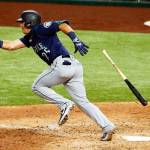 Seattle Mariners Dylan Moore runs to first base during a baseball game against the Texas Rangers in Arlington, Texas, on Tuesday, Aug. 11, 2020. Rangers won 4-2. (Ray Carlin/Associated Press)