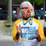 Janette Force, executive director of the Port Townsend Virtual Film Festival, models the events latest T-shirt. (Diane Urbani de la Paz/for Peninsula Daily News)