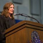 In this May 19, 2018 photo, Amy Coney Barrett, United States Court of Appeals for the Seventh Circuit judge, speaks during the University of Notre Dames Law School commencement ceremony at the university, in South Bend, Ind. (Robert Franklin/South Bend Tribune via The Associated Press)