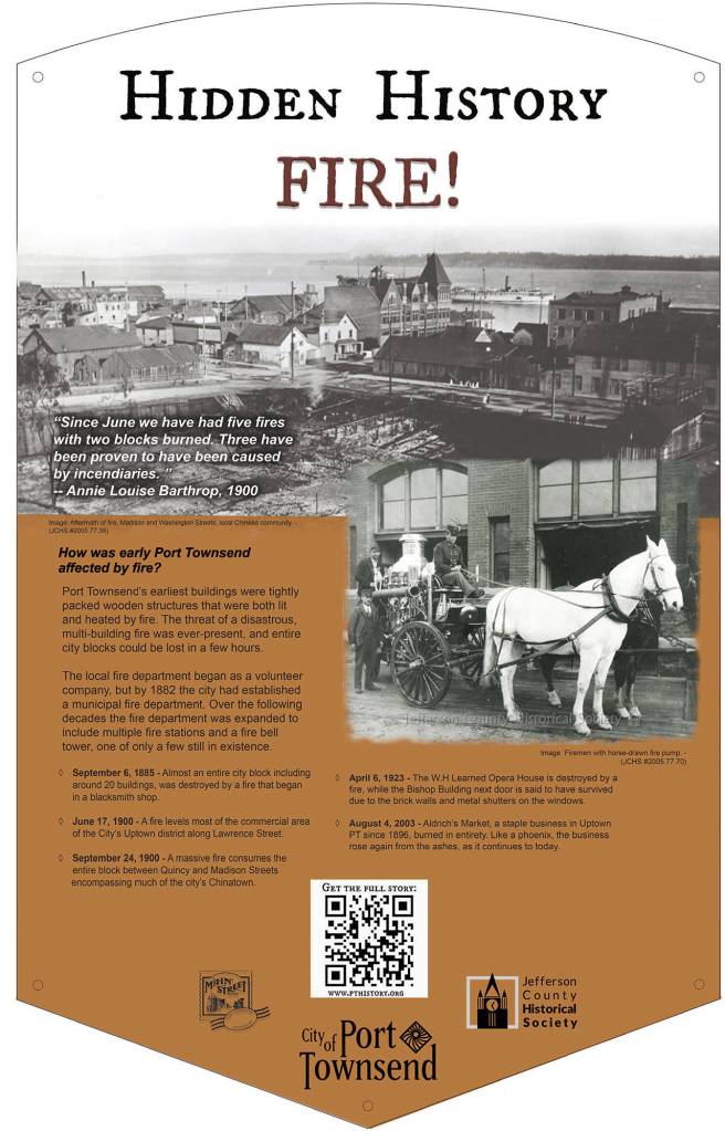 A photo show draft versions of new historical signs that would replace existing merchant information signs in downtown and uptown Port Townsend, including one about the old Union Wharf and another about destructive fires in the citys history.