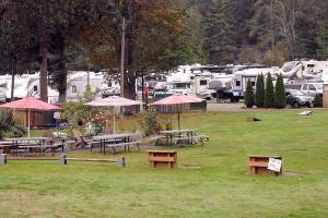 Keith Thorpe/Peninsula Daily NewsTravel trailers and RVs fill up spaces at John Wayne's Waterfront Resort on Saturday at Sequim Bay east of Sequim.