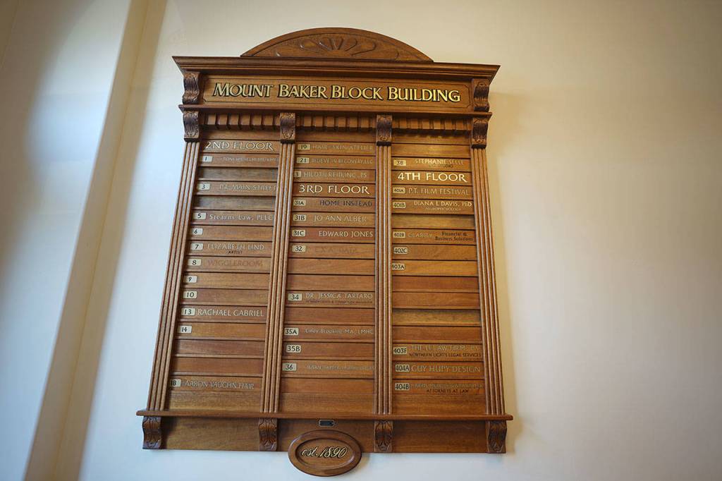 A directory at the entryway to the Mount Baker Block Building in downtown Port Townsend lists tenants located on various floors of the four-story building. (Nicholas Johnson/Peninsula Daily News)