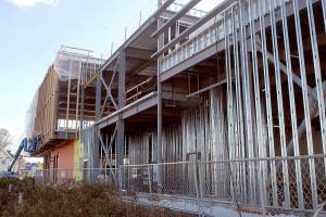 Work continues on Wednesday at the site of the future Field Arts and Events Hall near the Port Angeles waterfront. (Keith Thorpe/Peninsula Daily News)