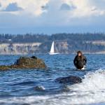 Aiming to observe fish as part of her marine biology studies, an eighth-grade student in Port Townsend's OCEAN alternative learning program walks through waves off North Beach County Park on a crisp, sunny October afternoon Wednesday. (Nicholas Johnson/Peninsula Daily News)