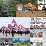 Among the Sequim Gazettes award-winning entries in the Washington Newspaper Publishers Association 2020 Better Newspaper Contest are (clockwise from top left) Sequim Gazette editor Michael Dashiells photo of a yet-unnamed creek in Blyn (third place, Color Pictorial Photo division); Gazette reporter Matthew Nashs photo of Cooper Wicks competing in the bareback riding division at the Clallam County Fair Rodeo in August 2019 (second place, Color Sports Action Photo division); the Gazettes March 18, 2020, page A-1 (first place, Front Page Design); contributor Bob Lamperts photo of corn rows near Sequim-Dungeness Way in October 2019 (second third place, Color Pictorial Photo division); Nash;s photo of the Bekkevar Family Farms rooster ride in summer 2019 (second place, Feature-Portrait-Pictorial, Black and White division), and Dashiells photo of the Sumner Marching Band and Flag Team at the Sequim Irrigation Festival Grand Parade in May 2019 (second place, Color Feature Photo division).